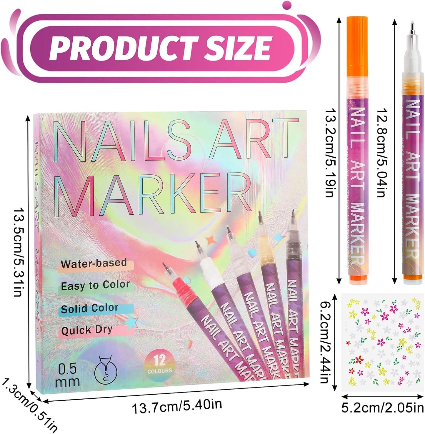 miikoul 12 Colors Nail Art Pens Set 0.7mm Art Graffiti Pen with 10PCS Nail Art Stickers 3D Nail Polish Paint Pens Quick Drying Waterproof Drawing Marker Pen for Nail Art Drawing and Salon DIY