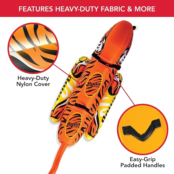 Aqua Pro Giant Towable Tiger Tube, 1-2 Riders, Double-Pontoon Inflatable Tiger Boat Tube, Orange/Yellow
