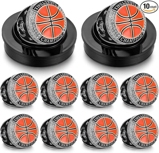 Highergo 10 Pcs Basketball Softball Baseball MVP Dancer Champion Trophy Ring with Display Stand Star Football Soccer Volleyball Golf Cheerleading Bowling Track Field