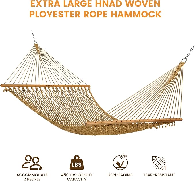 Lazy Daze Hammocks 13-FT Polyester Rope Hammock, Double 2 Person Traditional Hand Woven Outdoor Hammock with Spreader Bar, Carabiners, Tree Straps, Chains for Outside Patio- Max 450 Lbs, Tan