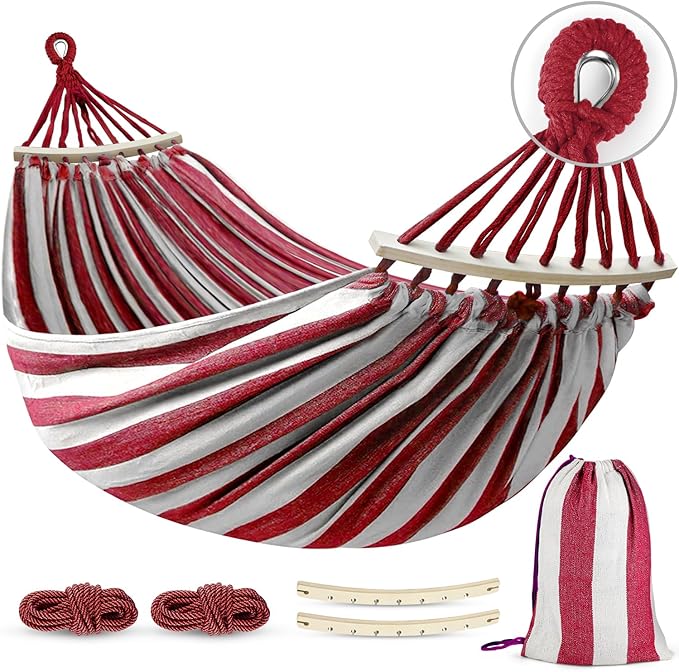 MOSFiATA Hammocks Portable Camping Hammock Upgraded 550lb Thickened Fabric Single Hammocks with Two Anti Roll Balance Beam and Tree Straps for Camping, Patio, Backyard, Outdoor(Red White)