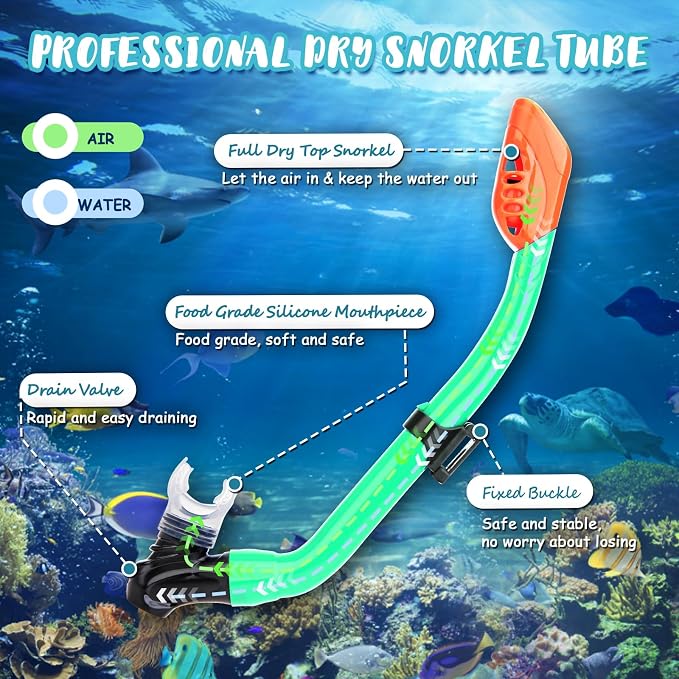 Snorkeling Gear for Kids, 4 in 1 Child Mask Fins Snorkel Set with Panoramic View Anti Fog Mask, Dry Top Snorkel, Trek Fins and Travel Bag, Kids Snorkeling Set with Fins for Snorkeling Swimming