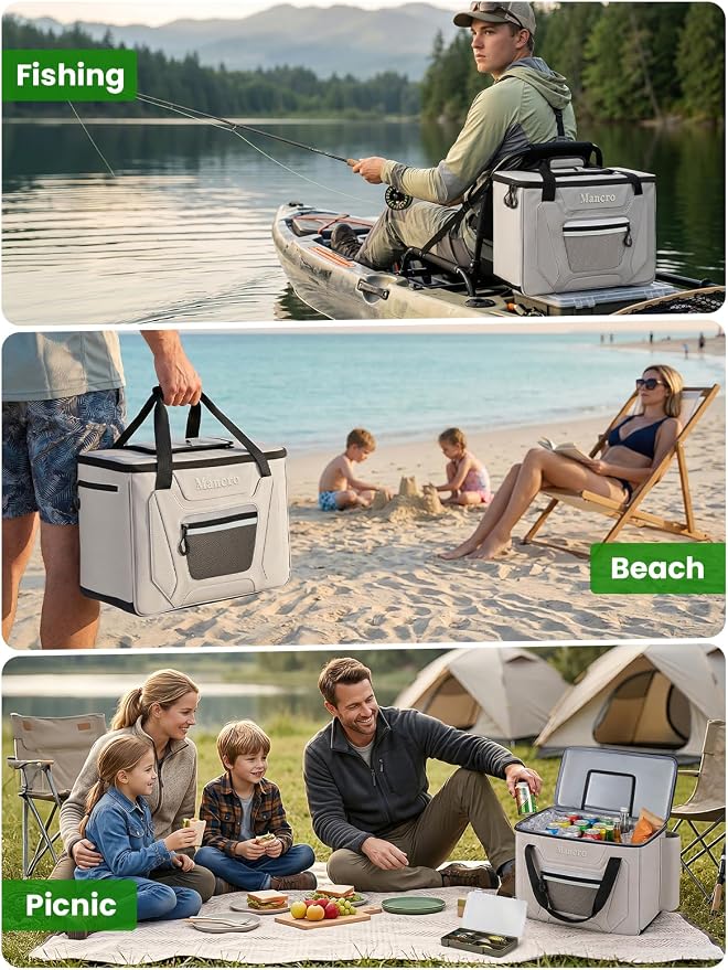 Mancro Kayak Cooler Behind Seat, 24 Cans Kayak Fishing Accessories for Lawn Chair Seat, Leakproof Cooler for Kayak with Quick-Access Top Hatch and Fishing Rod for Kayaking, Beach, Picnic
