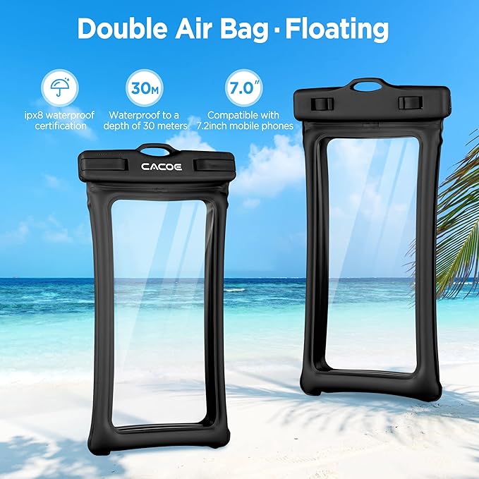 CACOE [Floatable] Floating Universal Waterproof Phone Case 2 Pack-Up to 7.0",Phone Pouch with Adjustable Neck Lanyard,IPX8 Cellphone Dry Bags for Beach Pool Swimming（Black+Black）