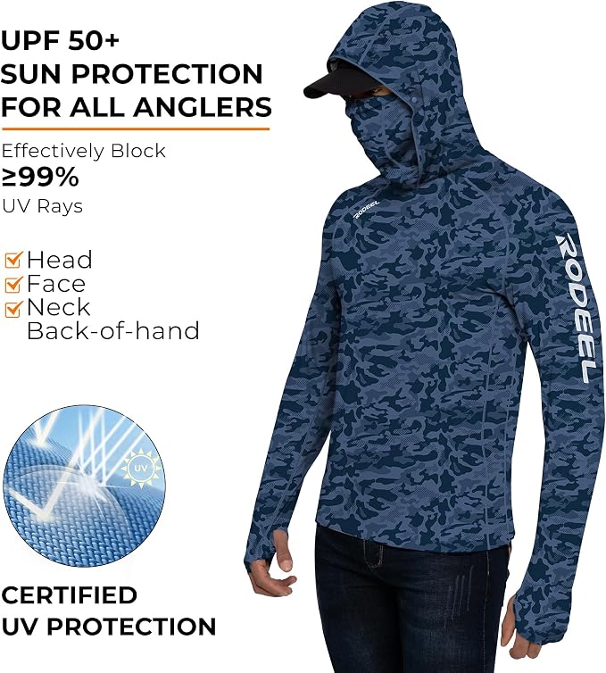 Rodeel Men's UPF 50+ Performance Fishing Hoodie, Long Sleeve Sun Protection Athletic Quick-Dry Breathable T-Shirt