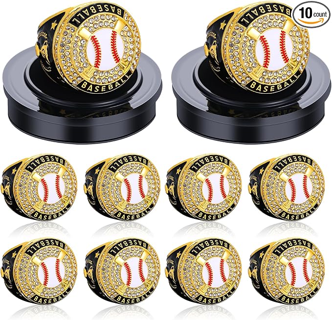 Highergo 10 Pcs Basketball Softball Baseball MVP Dancer Champion Trophy Ring with Display Stand Star Football Soccer Volleyball Golf Cheerleading Bowling Track Field