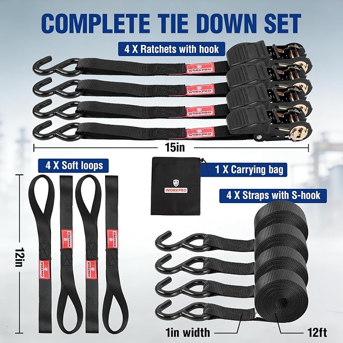 WORKPRO Ratchet Straps, 4-Pack | 1" x 15' | 1650 lbs Break Strength Heavy Duty Ratchet Tie Down Straps with 4PC Soft Loops, Fits for Moving Appliances Motorcycle ATV Truck (Black)