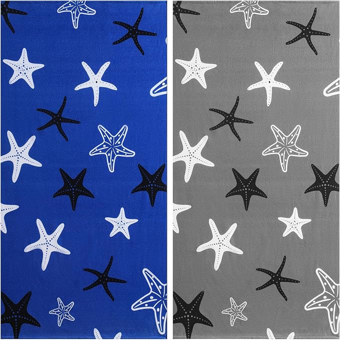 Jessy Home Microfiber 4 Pack Beach Towel Set, 40x70in Oversized Beach Towel, Quick-Dry Sand-Free Highly Absorbent Swim Towel, Soft Pool Towel, Marine Mixed Prints of Starfish & Sea Turtle for Vacation