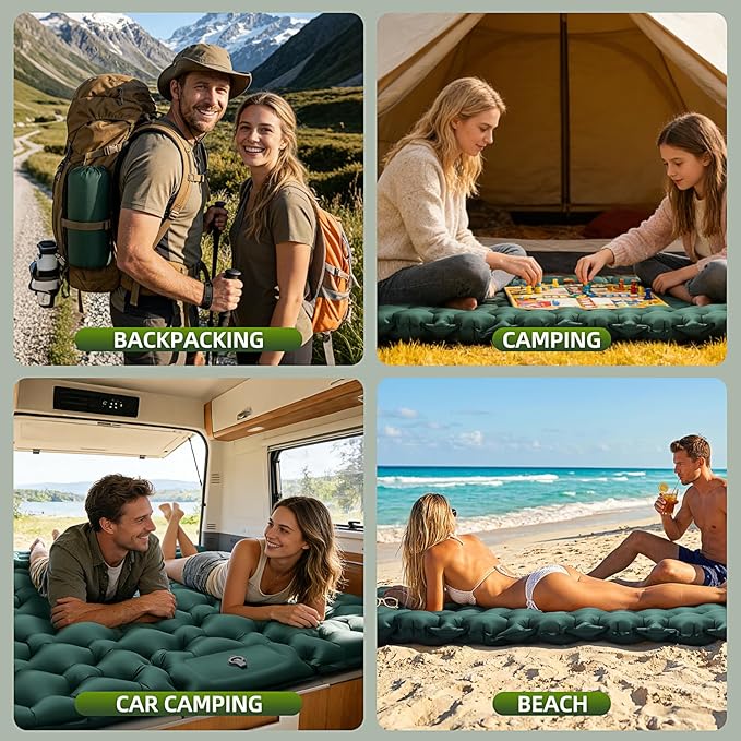 Double Camping Sleeping Pad, 4" Extra Thick 2 Person Inflatable Sleeping Pad with Built-in Foot Pump & Pillow, Self Inflating Camping Mattress for Tent, Backpacking, Hiking, Travel, RV（Dark Green）