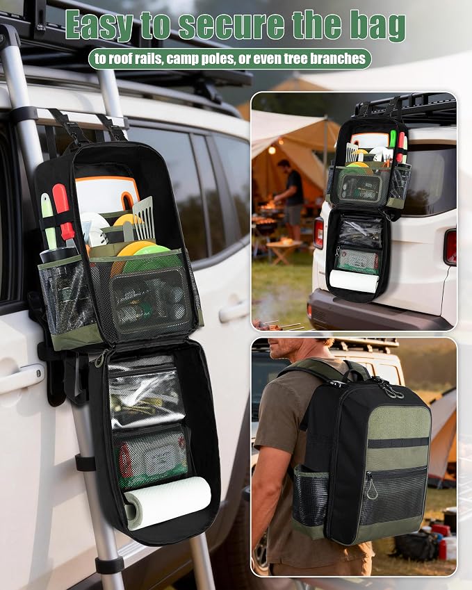 Marscamd Camp Kitchen Organizer Backpack with Paper Towel Holder, Hanging Camping Utensil Storage Bag with Multi Pockets for Camping Utensils, Barbecue Tool, Bag Only, Black