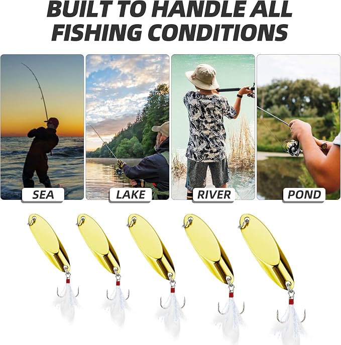 Jigging Spoon Fishing Lures 20/40PCS Kit – Metal Casting Spoon Lure Set with Treble Hooks, Mixed Sizes Spinner Baits for Saltwater & Freshwater Trout, Salmon, Bass