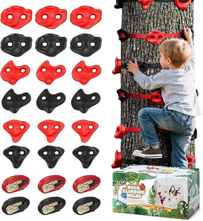 TOPNEW 18 Ninja Tree Climbing Holds for Kids Climber, Red & Black Tree Climbing Kit with 6 Ratchet Straps for Outdoor Ninja Warrior Obstacle Course Training