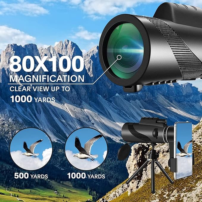 Monocular-Telescope 80x100 High Powered Monoculars High Definition for Adults High Powered with Smartphone Adapter Telescope Wildlife Bird Watching Travel Camping Hiking-Black