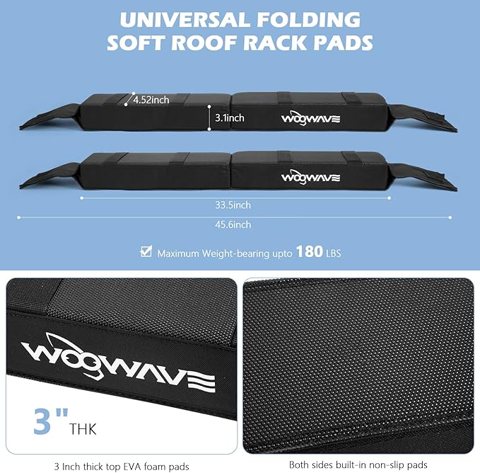WOOWAVE Folding Kayak Soft Roof Rack Pads Universal Kayak Carrier Car Rack with 4 Tie Down Straps, 2 Tie Down Rope, 4 Carabiner, 2 Quick Loop Strap and Storage Bag for Canoe/Surfboard/Paddleboard/SUP