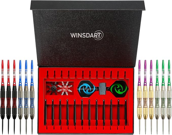 WINSDART Steel Tip Darts 12 Pack Set with Nonslip Iron Barrel Aluminum Dart Shafts and Flights Darts Sharpener an Gift Box