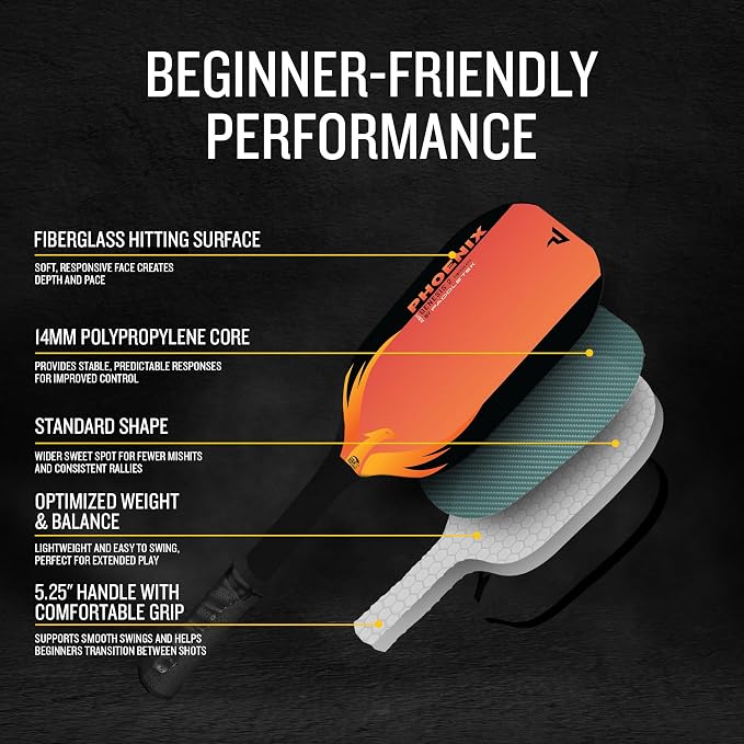 Paddletek Phoenix Genesis 2 – 14mm Pickleball Paddle – Fiberglass Composite Face – Easy Power & Soft Feel – USAPA Approved Pickle Ball Paddle – 5.25 Inch Handle