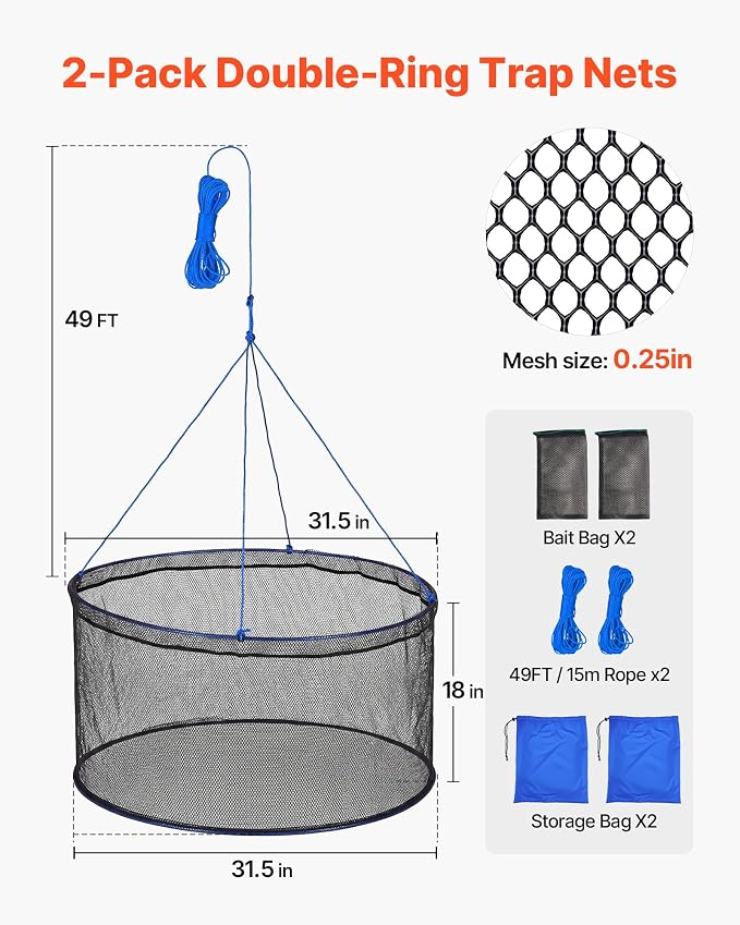 VEVOR Foldable Fishing Net, Landing Fishing Pier Nets, Portable Drop Net for Pulling up Fish, Durable and Fish-Friendly, with Rope and Storage Bag, for Minnows, Crawfish, Shrimp, Crab