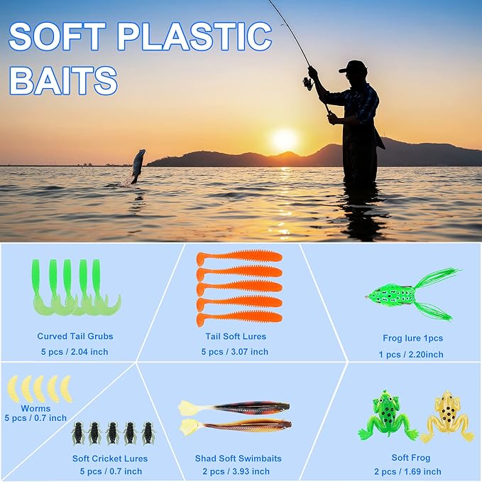 Fishing Lures Tackle Box Bass Kit with Plier,Saltwater & Freshwater Baits | 1.Suitable for beginners and gifts for kids 2.experiment with different techniques 3.Easy to store and transport your gear