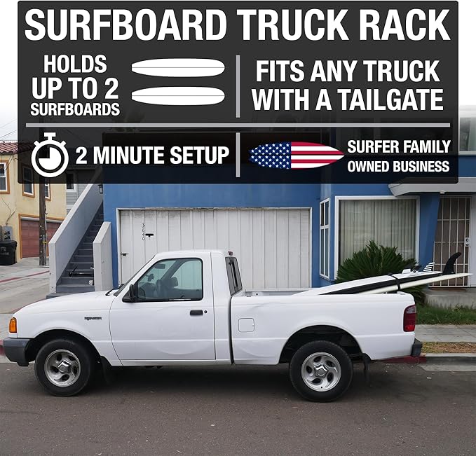 Surfboard Truck Rack - Durable Pad Fits All Tailgates - ‘No Scratch’ Silicone Buckle Covers Prevent Damage - Easy to Use