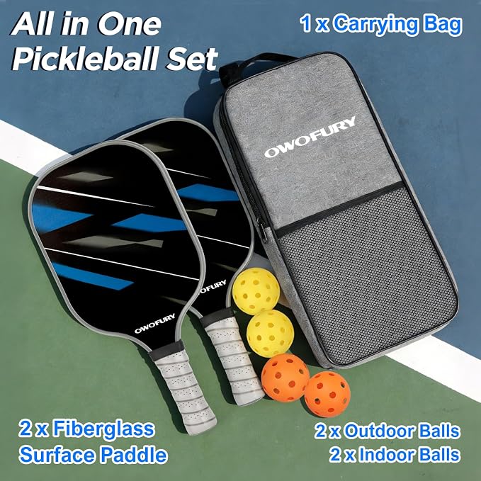Fiberglass Pickleball Paddles Set of 2, Pickle Ball Racket Lightweight Honeycomb Core Control Paddle, with 4 Indoor Outdoor Balls and Bag for Men Women