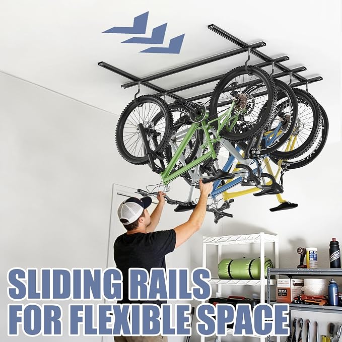 WALMANN Garage Ceiling Bike Rack, Adjustable Overhead Bicycle Storage System – Stores 4 Bikes Horizontally or 8 Bikes Vertically, Ceiling-Mount Bike Hanger for Road & Mountain Bikes