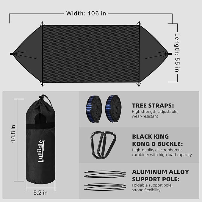 Lulladle Camping Hammock - (Double/Single) Hammock Portable with Tree Straps and with Mosquito Net，Nylon Hanging Hammock Easy Setup and Pack for Outdoor, Hiking and Backyard