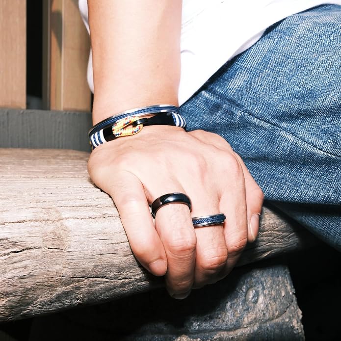 Men's Nautical Anchor Cuff Bracelet, Handmade Black & Blue Stainless Steel Rope Wristband with Lobster Claw Clasp