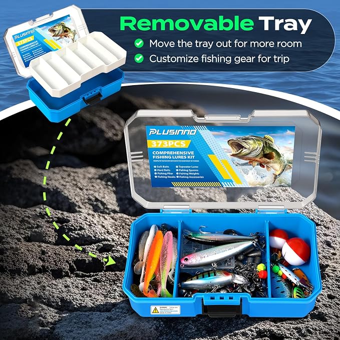PLUSINNO Fishing Lures Tackle Box Gear Kit with Tackle Included, 373 PCS | Waterproof, Compact & Customizable, for Bass Trout, Freshwater Topwater, 16 Rigs, Fishing Gifts for Men Starter