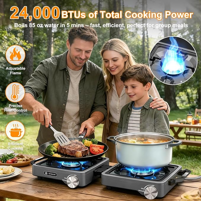2-Burner Pro Camping Stove,24000 BTU Camp Stove,Foldable Propane Stove Includes Carry Bag,Windscreen Griddle, Portable Stove,Camping Essentials,Suitable For Outdoor Cooking,Tailgating,Grilling (Gray)