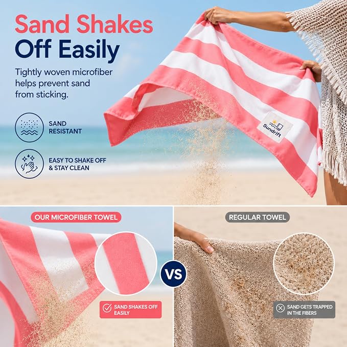 Oversized Microfiber Beach Towel 71x36 Inch, Quick Dry Sand Free Travel Towel, Lightweight Sueded Beach Blanket for Pool, Camping, Yoga & Beach Trips (Pink/White)