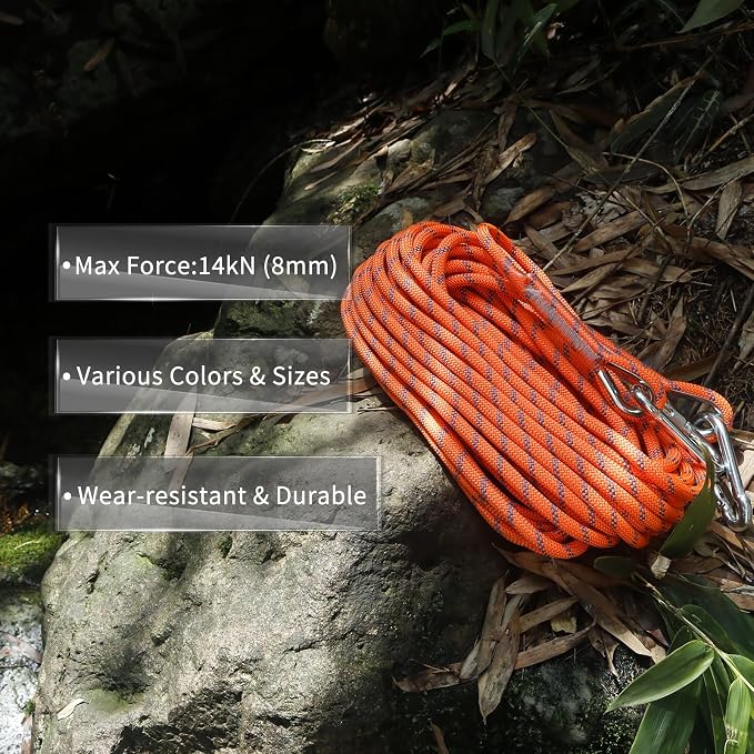 NewDoar 14KN Static Climbing Rope 8mm(5/16in) Accessory Cord Equipment 33FT(10M) 66FT(20M) 98FT(30M) 165FT(50M) Escape Rope with 2 Carabiners for Ice Climbing Equipment Fire Rescue Rope-Orange/10M