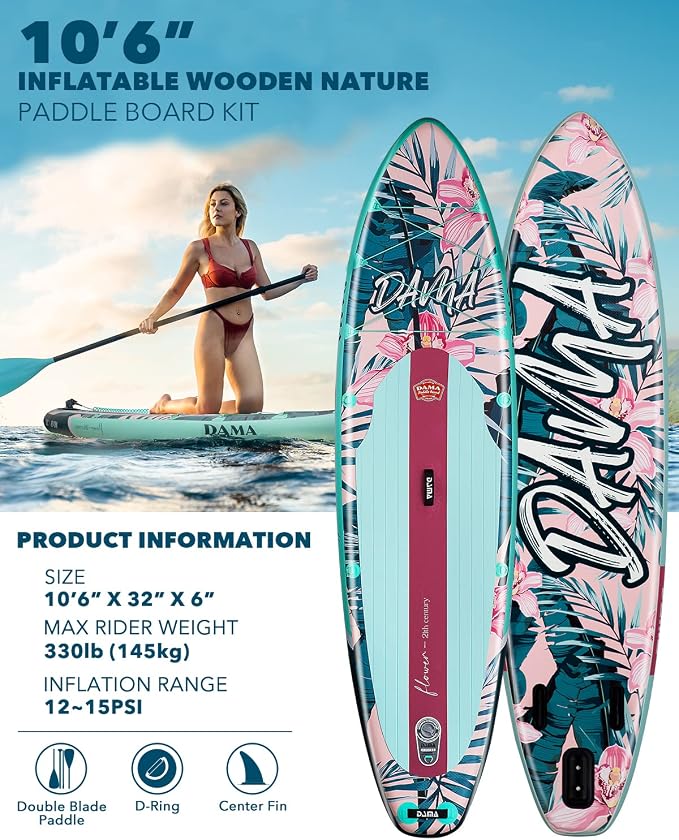 DAMA Inflatable Stand Up Paddle Boards for Adults w/Sup Board Accessories Hand Pump 4pcs Kayak Floating Paddle | Wide Stance, Bottom Fin Paddling Surf Control
