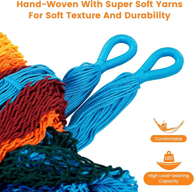 Lazy Daze Hammocks Handwoven XL Mayan Hammock, 10.5 FT Soft Rope Double Hammocks, Portable Outdoor Hammock with Carry Bag, 2 Straps & Carabiners for Patio Outside, 550 lbs Weight Capacity, Rainbow