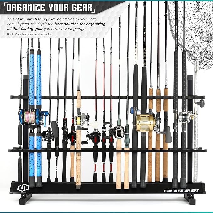 Savior Equipment Fishing Rod Rack Holder Organizer, 24-48 Slots to Hold Fresh Salt Water Spinning Rods & Reel Combo, Lightweight Aluminum Vertical Fish Pole Garage Storage Ground Display Stand