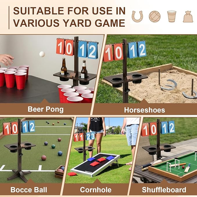 Cornhole Scoreboard with Drink Holder, Wooden Corn Hole Scoreboard with Bottle Opener and Phone Holder, Suitable for Sandbag Throwing, Beach Volleyball Tennis and Other Outdoor Games