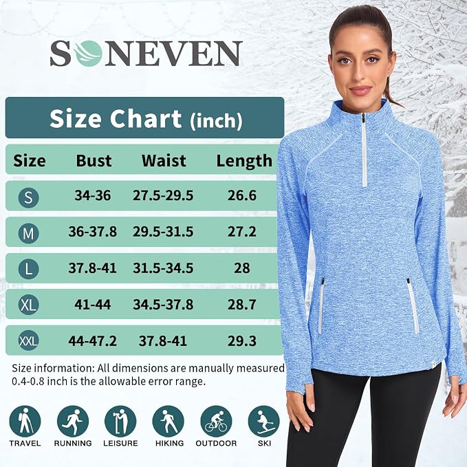 Soneven Women's Thermal Fleece Running Shirts Warm Winter Pullover Cold Weather Workout Hiking Tops with Thumb Holes Pockets