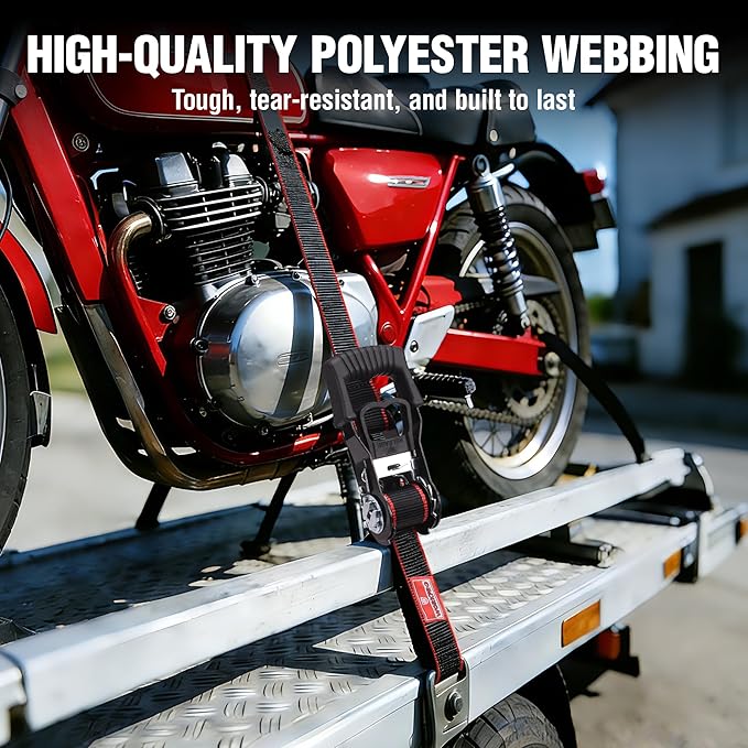 WORKPRO Ratchet Tie Down Straps, 4-Pack | 1" x 12' | 1500 lbs Break Strength Heavy Duty Ratchet Straps, Fits for Moving Appliances Motorcycle ATV Truck (Black&Red)