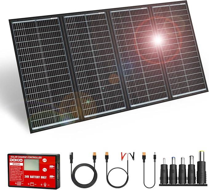 DOKIO 300W 36V Portable Foldable Solar Panel Kit, Compact 20x38in Design 15.21lb with Standalone Controller and USB, Monocrystalline Charger for 22V Batteries, Power Stations, RV Camping Emergency Use