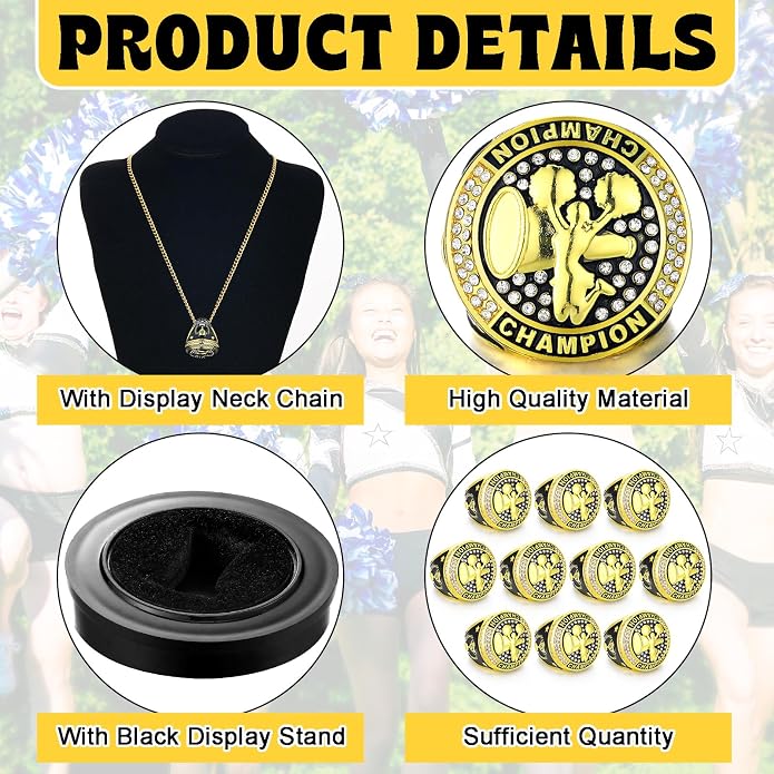 Highergo 20 Pcs Baseball Softball Basketball Football Champion Rings with Display Neck Chain and Stand Volleyball Soccer Cheer Trophy Rings Bulk for Tournament Award Gift