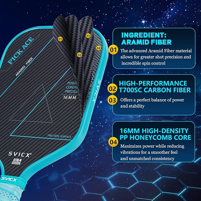 Carbon Fiber Pickleball Paddle 16mm – Professional Pickleball Paddles with Superior Control, Power & Spin – Extended Handle for Two-Handed Grip, USAPA Approved