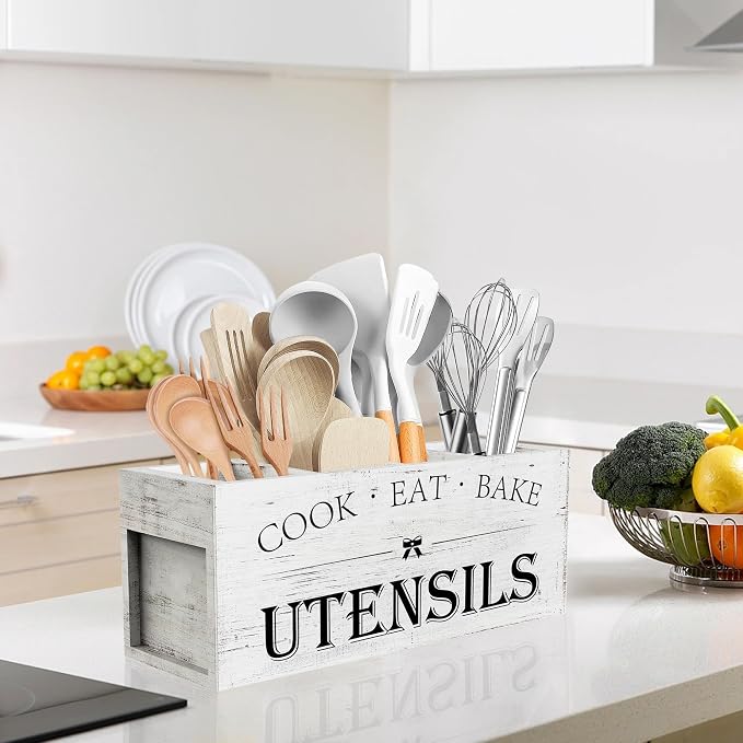 Suli Extra Large Kitchen Utensils Holder with 4 Compartments, Wooden Utensil Organizer for Kitchen Countertop, Farmhouse Decor, Rustic Cooking Utensil - White grain