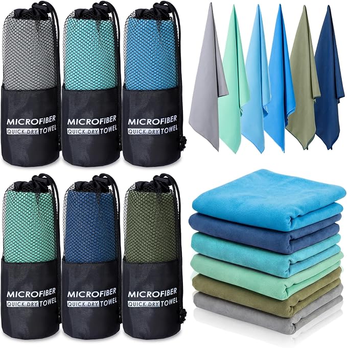 Mindsoft 6 Pack Large Microfiber Gym Towels, 47" x 20" Quick Dry Sweat Towels Super Absorbent Soft Fast Drying Towel Lightweight Towel for Workout, Camping, Backpacking, Beach, Swimming(Classic)