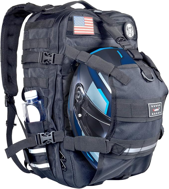 Goldfire Helmet Backpack for Motorcycle Riding Cycling Waterproof Large Capacity Daily Backpack with Helmet Holder Weather-Resistant Hiking Daypack Durable (V1)