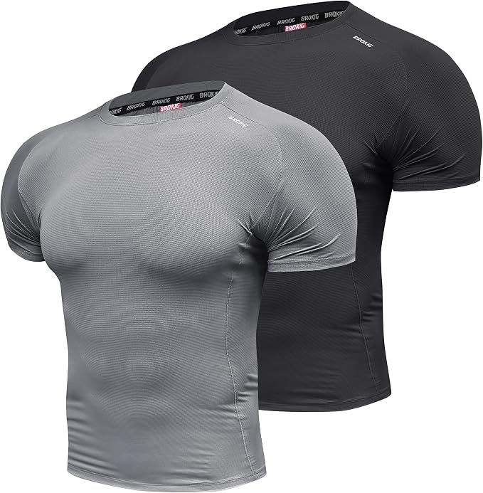 BROKIG Mens 4.9oz Cooling Gym Workout Shirts,Bodybuilding Athletic Running Shirt Casual Crew Neck Fitted Short Sleeve