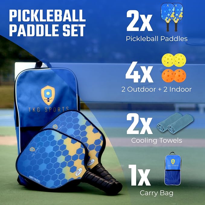 TKG Sports Pickleball Set with Bag - 2 14mm Honeycomb Core Paddles | 2 USAPA Approved Pickleball Paddles, 2 Indoor and 2 Outdoor Pickleball Balls, 2 Cooling Towels - Rackets for Adults and Teens
