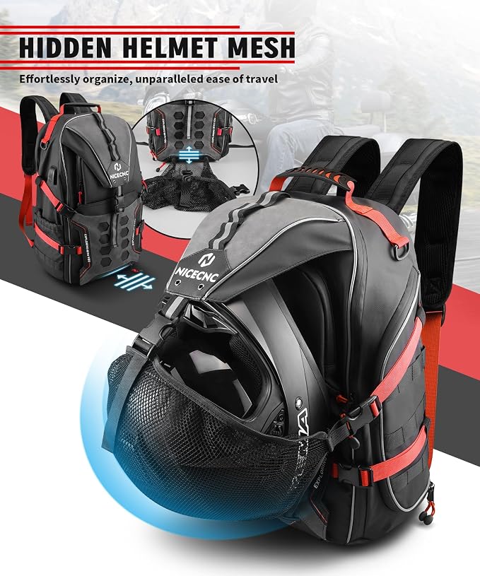 NICECNC Motorcycle Helmet Backpack 35L Large Capacity Motorcycle Helmet Bag, Universal Motorcycle Riding Backpacks for Men Motorcycle Lugguge Storage Bag with Hidden Net, Red