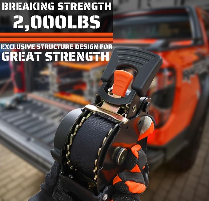ORANGEE® 4 Pack Heavy Duty Auto Retractable Ratchet Strap 1IN x 10FT Perfect for Securing Cargo, Motorcycle & Boats Min. Breaking Strength 2,000LBS Per Strap - Black