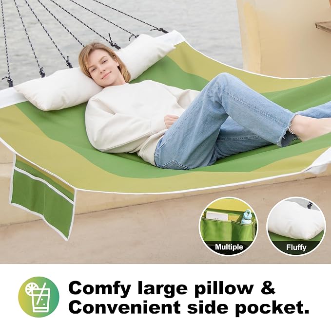 GAFETE 14ft 2 Person Hammock for Outside, Quick Dry Textilene, Portable Hammocks Without Stand with Folding Steel Spreader Bar, Carrying Bag, Tree Straps, Pillow & Sidebag, 550 lbs Capacity (Green)