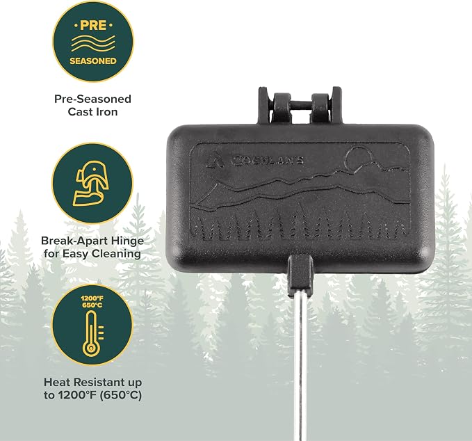 Coghlan's Cast Iron Camp Cooker - Pre-Seasoned Pie Iron Sandwich Maker with Heat-Resistant, Removable Handles, Easy-to-Clean for Toasted Pies, Grilled Sandwiches, and Meats, For Campfire Cooking