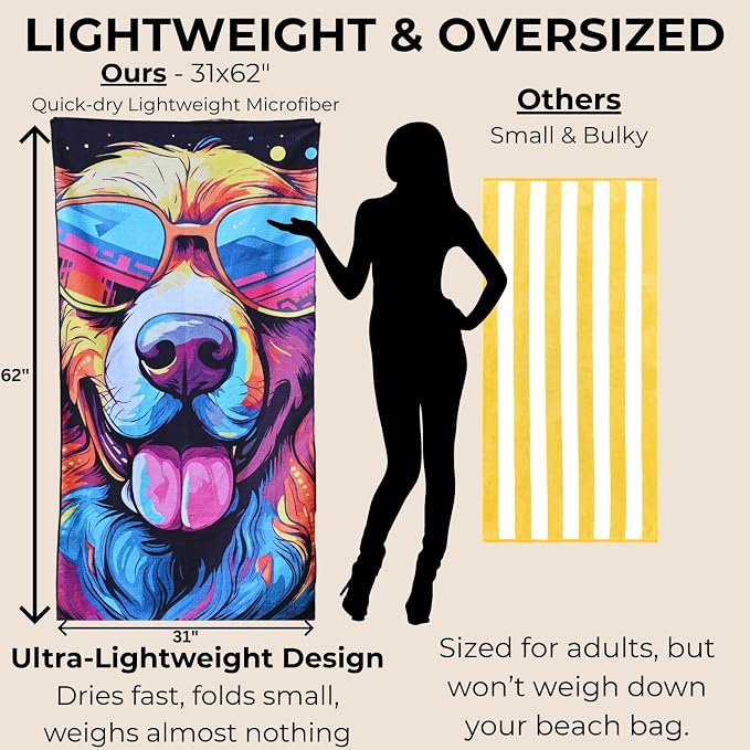 Microfiber Funny Happy Dog in Sunglasses Colorful Beach Towel for Women, Girls, Kids, Men, Plush Beach Towel, Quick Dry Pool Towel Super Soft, Oversized 31x62 Inches
